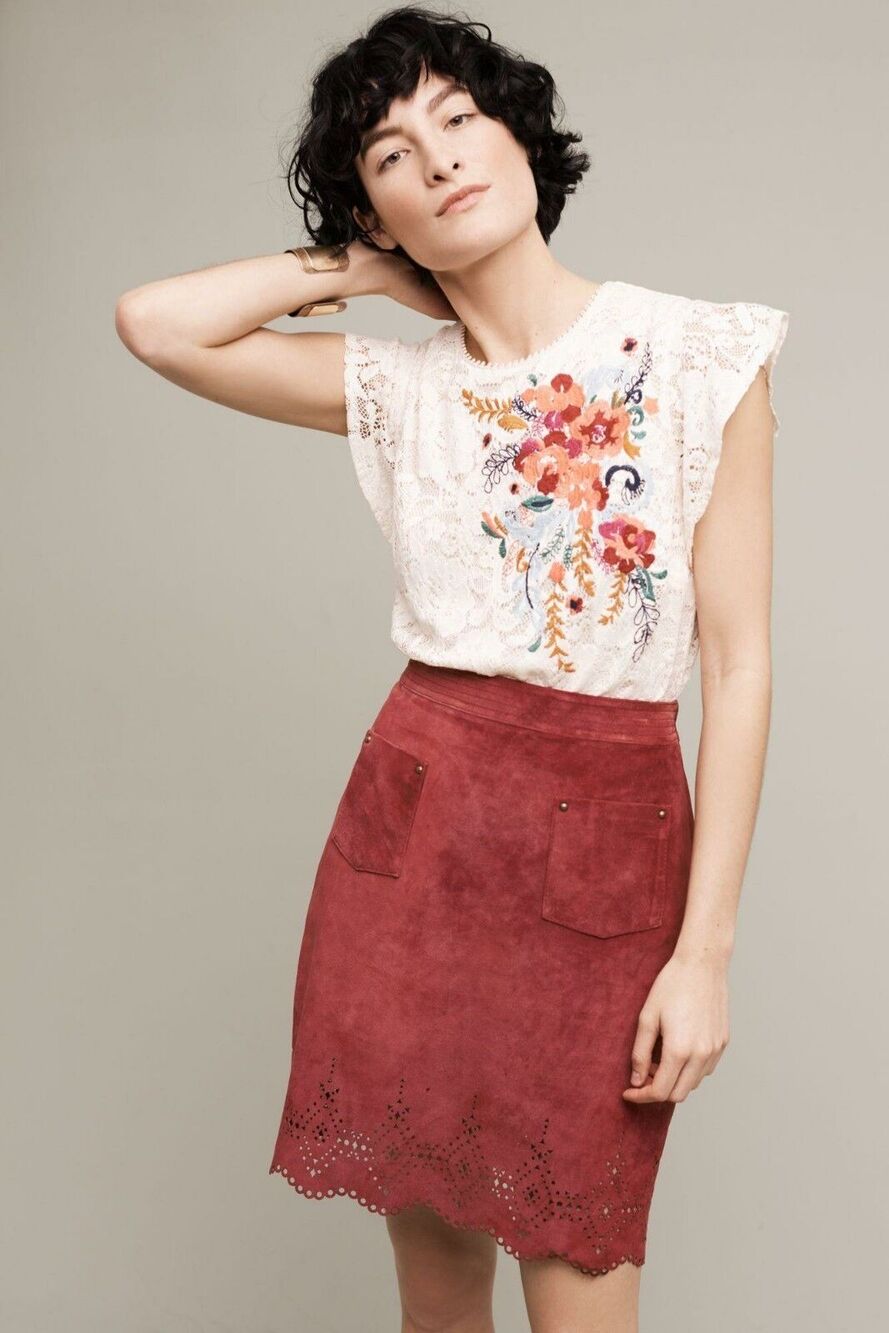 New Anthropologie Napa Laser Cut Leather Skirt by Maeve $198 Red/Bronze Size 6
